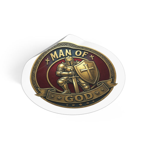 Man of God Round Vinyl Sticker — Knight Crusader Faith Emblem