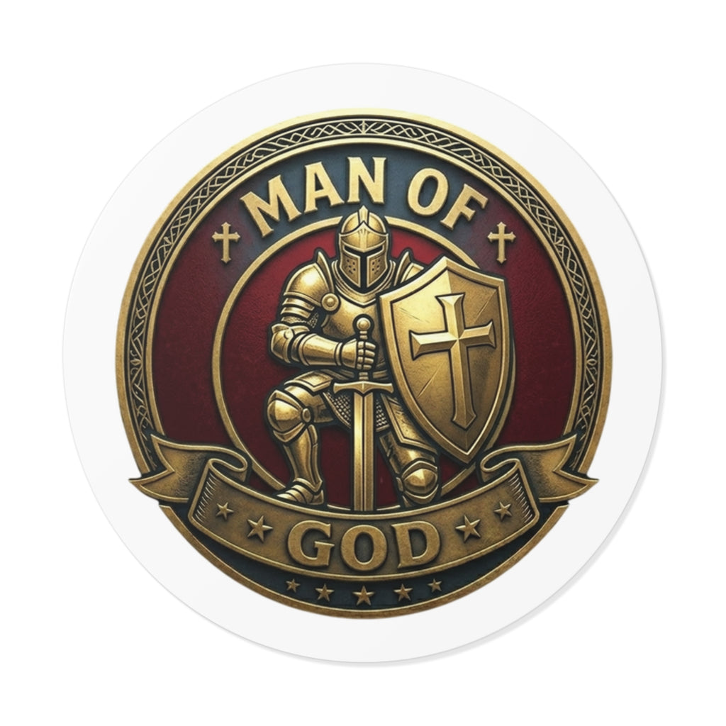 Man of God Round Vinyl Sticker — Knight Crusader Faith Emblem